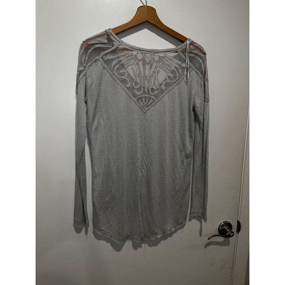 Free People Grey Sheer Long Sleeve Top With Mesh Shoulders & Embroidery Small - Picture 5 of 8